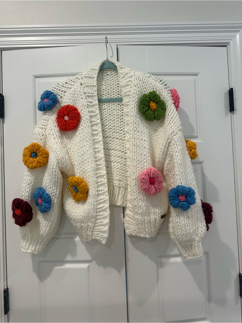 Chunky Cream Knit Cardigan With Colorful Crochet Flowers